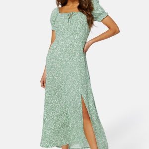 BUBBLEROOM Front Tie Long Viscose Dress Green/Patterned S