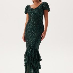 Goddiva Sequin Tiered Hem Maxi Dress Dark Green L (UK14)