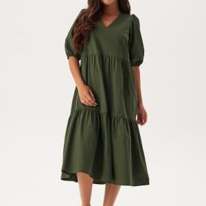 BUBBLEROOM Midi Puff Sleeve Dress Khaki green L