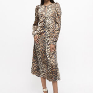 Printed Satin Ruched Midi Dress