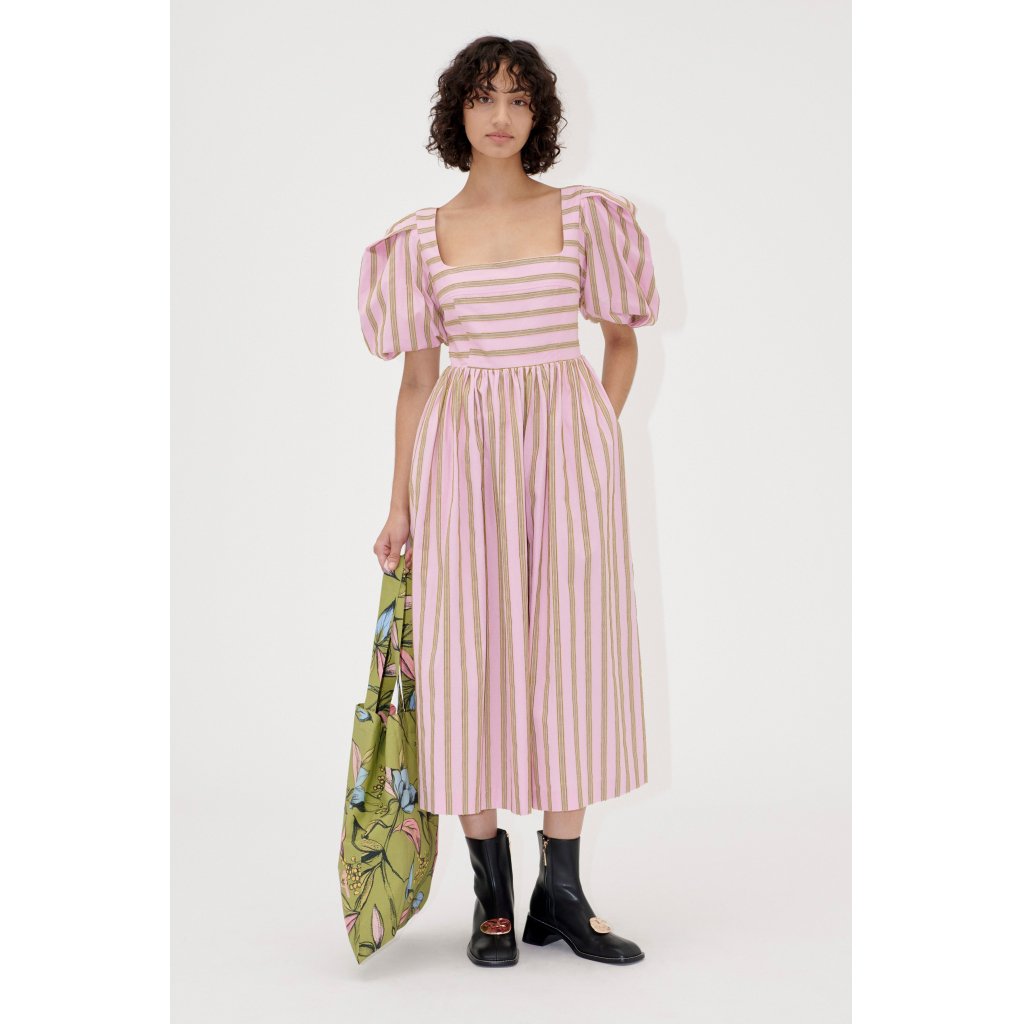 2344 Soft Jacquard Weave, Blouson Sleeve Midi Dress