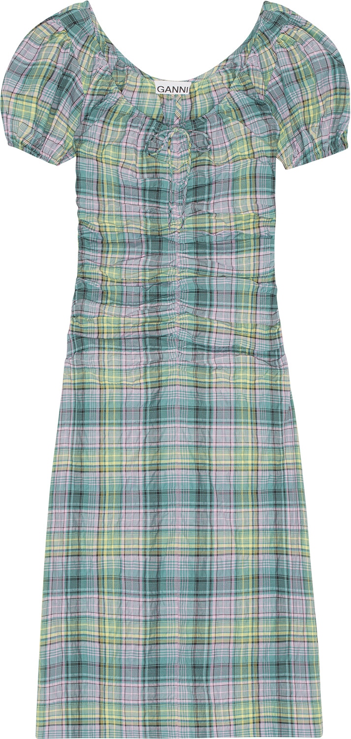 Seersucker Check Gathered Uneck Midikjole